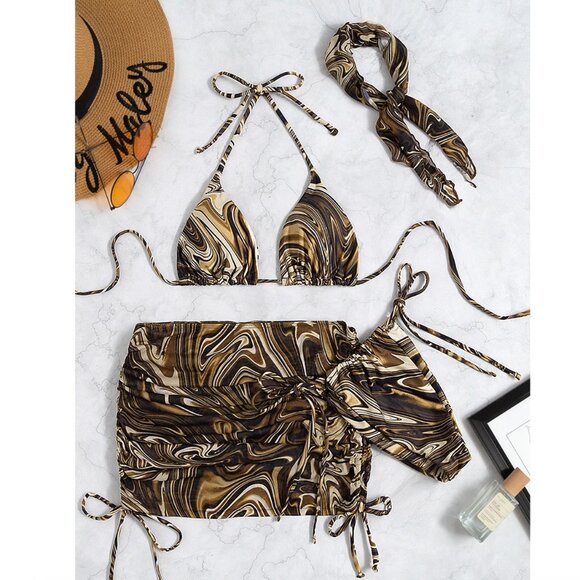 brown Marble Print Triangle‎ Thong Bikini, cover up skirt & Bandana size small - Picture 1 of 3